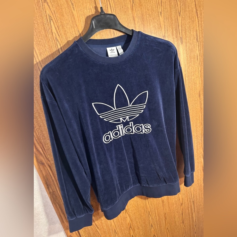 Adidas Trefoil Blue Velour Crewneck Sweatshirt - Picture 2 of 7